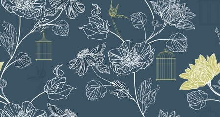 Pattern background with flowers and birdcagesのイラスト素材