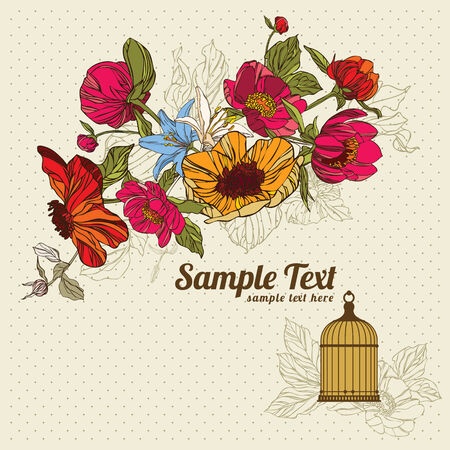 invitation card with flowersin and birdcageのイラスト素材