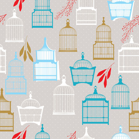 Vintage birds and birdcages pattern のイラスト素材