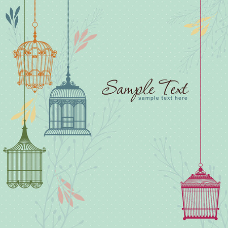 invitation card with vintage birdcages and leaf のイラスト素材
