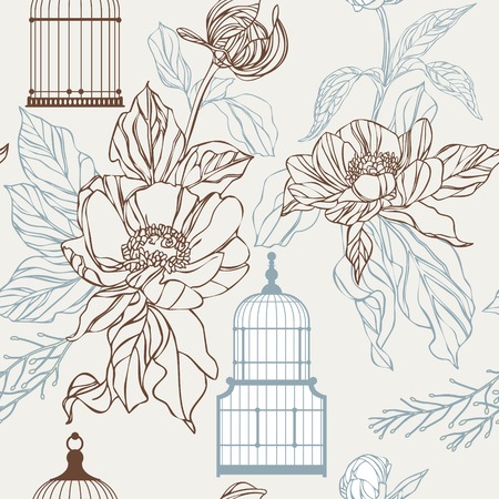 Vintage birds and birdcages pattern  Wallpaper  vector のイラスト素材