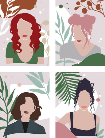 Abstract female poster. Contemporary woman silhouette portrait with leaves, flowers, geometric organic shapes. Modern minimal print set. International beautiful girls with accessoriesのイラスト素材