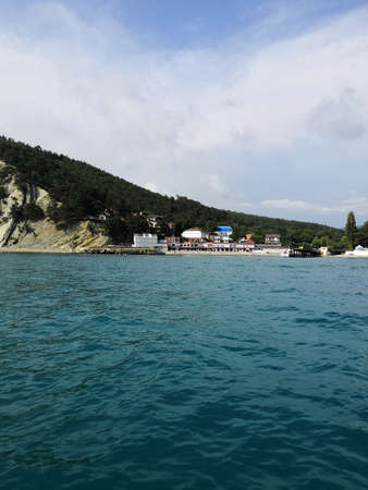 View from the boat to the shore of the Black Sea in Crimeaの写真素材