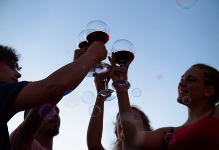 Six adults toasting with a glass of wine at sunset on the terraceの写真素材