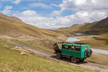 Broken truck on the mountain road. Asia, Kyrgyzstan, Tien Shanの写真素材