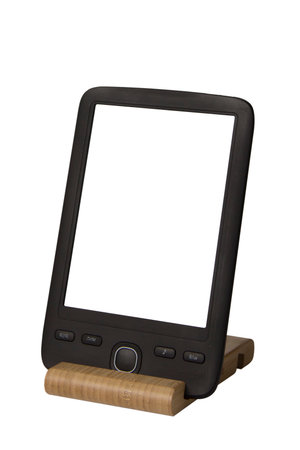Phone gadget with buttons placed on wooden stand isolated. With place for your textの写真素材