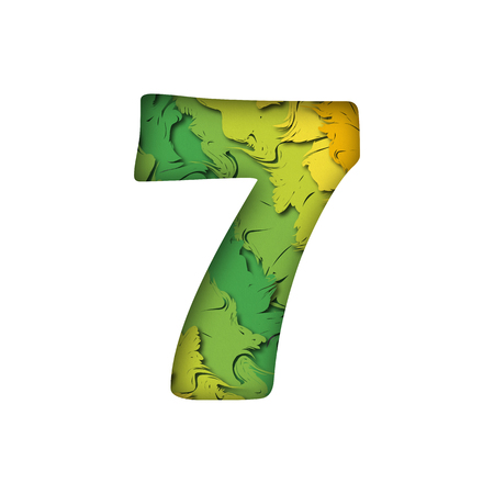 Paper cut number Seven 7 letter. Realistic 3D multi layers papercut effect isolated on white background. Figure of alphabet letter fontのイラスト素材