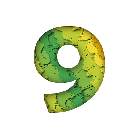 Paper cut number Nine 9 letter. Realistic 3D multi layers papercut effect isolated on white background. Figure of alphabet letter fontのイラスト素材