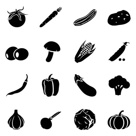 Vector Set of Vegetables Icons. Tomato, Carrot, Cucumber, Potato, Olives, Mushroom, Corn, Peas, Chili Peper, Paprika, Eggplant, Brocolli, Cauliflower, Garlic, Onion, Cabbage, Pumpkin.のイラスト素材