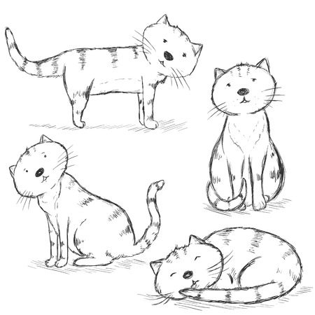 Vector Set of Different Sketch Cat Charactersのイラスト素材