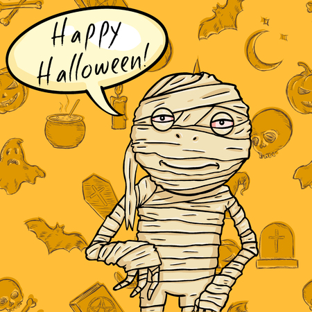 Vector Halloween Postcard. Mummy with Bubble - Happy Halloween. Yellow Pattern Background.のイラスト素材