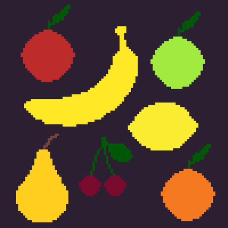 Vector Set of Pixel Fruit Illustrations. Pixel Fruit Icons.のイラスト素材