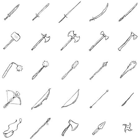 Vector Set of Sketch Medieval Weapon Iconsのイラスト素材