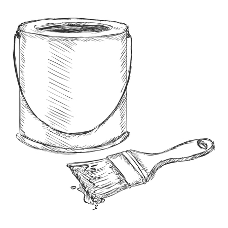 Vector Sketch Paint Can and Brush on White Backgroundのイラスト素材