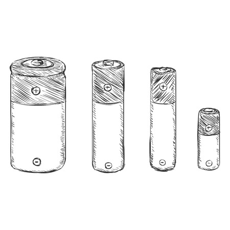 Vector Set of Sketch Batteries - C, AA, AAA, A23 on White Backgroundのイラスト素材