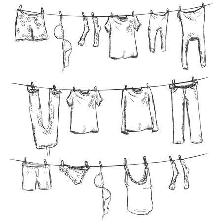 Vector Sketch of Laundry on a Rope on White Backgroundのイラスト素材