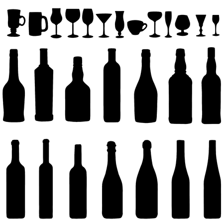 Vector Set of Bottles and Steamware Silhouettes on White Backgroundのイラスト素材
