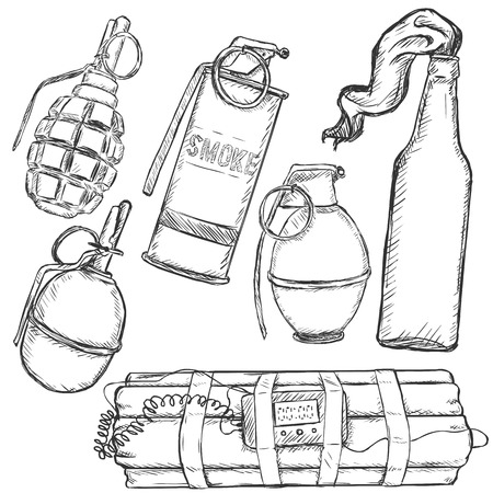 Vector Sketch Set of Explosive Weapons on White Backgroundのイラスト素材