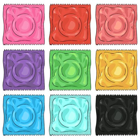 Vector Set of Cartoon Colour Condoms on White Backgroundのイラスト素材