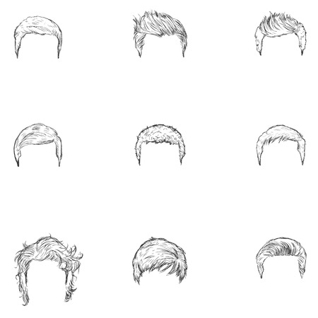 Vector Set of Sketch Mens Hairstyles on White Backgroundのイラスト素材