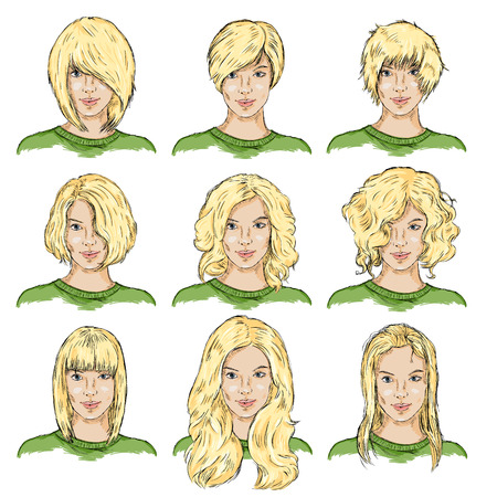 Vector Set of Color Sketch Different Women Hairstylesのイラスト素材