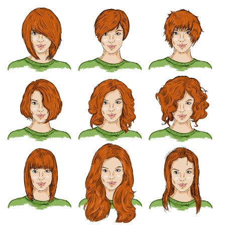 Vector Set of Color Sketch Different Women Hairstylesのイラスト素材