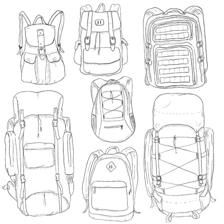 Vector Set of Sketch Doodle Backpacks. Casual Backpack, Fashion Backpack, Hiking Backpack, Sport Backpack, Tactical Backpack.のイラスト素材