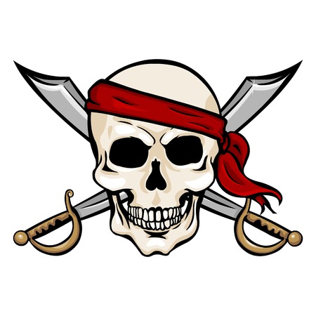 Vector Cartoon Pirate Skull in Red Headband with Cross Swords on White Backgroundのイラスト素材