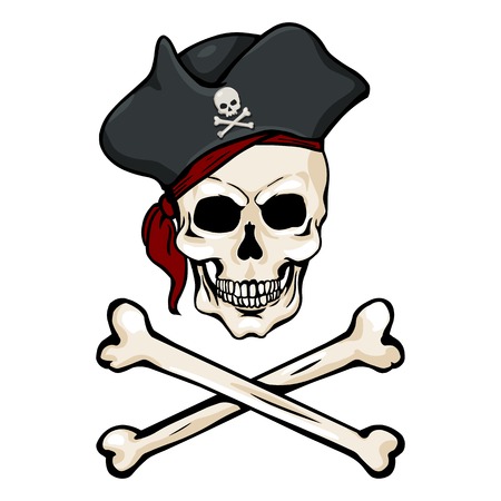 Vector Single Cartoon Pirate Skull in Tricorn with Cross Bonesのイラスト素材