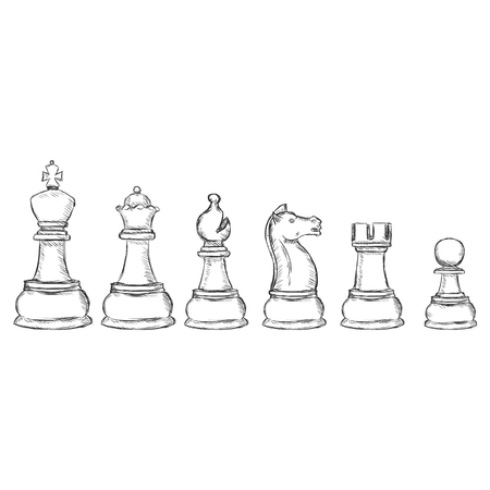 Vector Set of Sketch Chess Figures on White Backgroundのイラスト素材