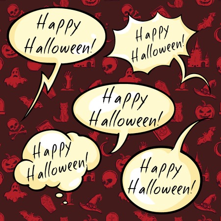 Vector Set of Happy Halloween Bubbles on Red Pattern Backgroundのイラスト素材