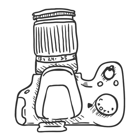 Vector Sketch Reflex Camera with Big Lens on White Backgroundのイラスト素材