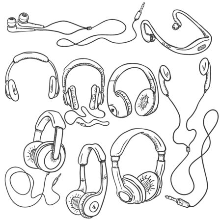 Vector Set of Sketch Circumaural Headphones on White Backgroundのイラスト素材
