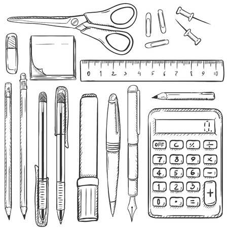 Big Vector Set of Sketch Stationery Items on White Backgroundのイラスト素材