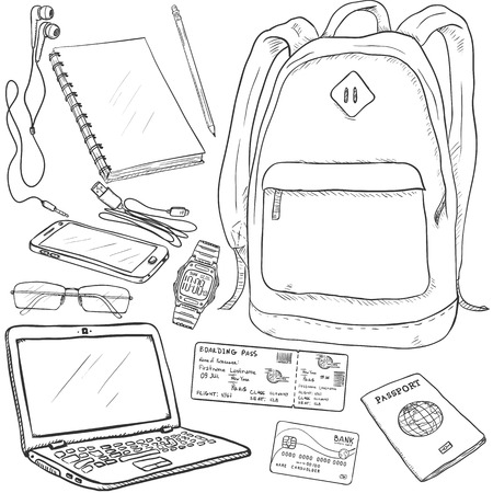 Vector Sketch Travel Set on White Backgroundのイラスト素材