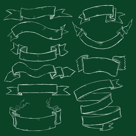 Vector Set of Chalk Ribbons on Dark Green Backgroundのイラスト素材