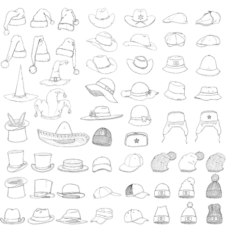 Vector Big Set of Sketch Hats and Caps. 57 Headwear Items.のイラスト素材