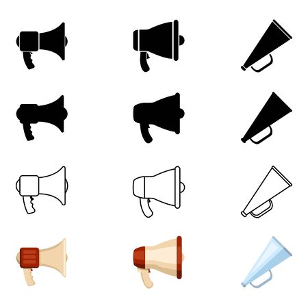Vector Set of Different Style Icons - Bullhorn. Silhouette, Outline, Color Flat Signs.のイラスト素材
