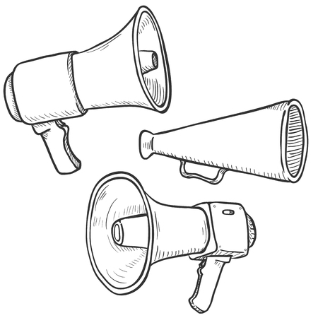 Vector Set of Sketch Megaphones and Loudspeakers on Isolated White Backgroundのイラスト素材