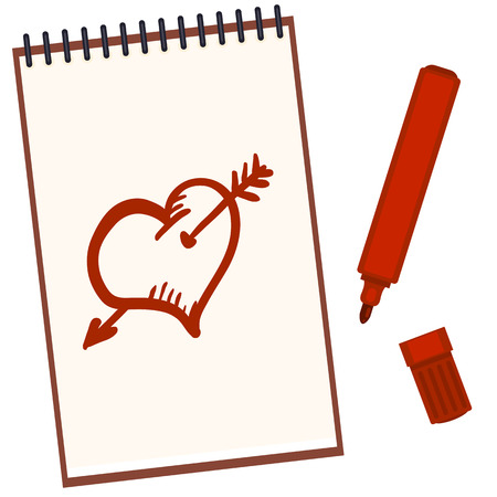 Vector Open Notebook With Red Felt-tip Pen and Sketch Drawings: Heart and Arrowのイラスト素材