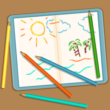 Vector Illustration: Pencils and Notebook with Colored Childrens Sketch Drawings - Sun, Sky and Ocean.のイラスト素材