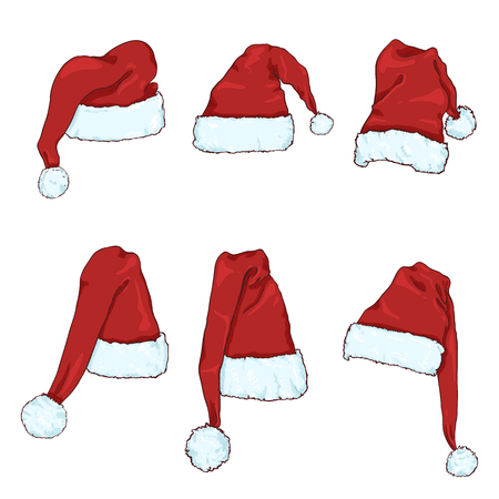 Vector Set of Red Santa Claus Hats. Christmas Celebration Headwear.のイラスト素材