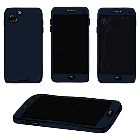 Vector set of cartoon smart phone illustrations. Front and back view. Damaged variation.のイラスト素材