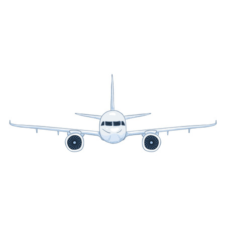 Cartoon vector white passenger airplane with chassis. Commercial aviation aircraft front view.のイラスト素材