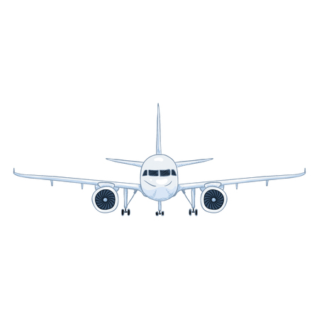 Cartoon vector white passenger airplane with chassis. Commercial aviation aircraft front view.のイラスト素材
