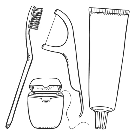 Vector Set of Sketch Tooth Brushing Items. Tooth Brush, Dental Floss, Dentifrice.のイラスト素材