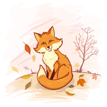 Vector Cartoon Illustration - Cute Fox Sitting on Autumn Forest Backgroundのイラスト素材
