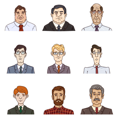 Vector Set of Business Avatars. Collection of Cartoon Male Portraits. Office Workers. Men in Suits and Shirts.のイラスト素材