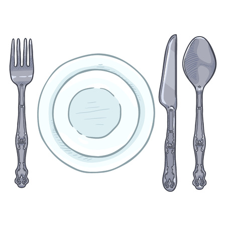 Vector Cartoon Dining Set - Vintage Silver Fork, Knife, Spoon and Porcelain Plates.のイラスト素材