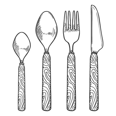 Vector Sketch Set of Cutlery with Wooden Handles. Knife, Fork, Spoon, Tea-spoonのイラスト素材